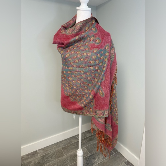 Peacock Reversible Pashmina Silk Large   Scarf Wrap Shawl Pink Mint - Picture 15 of 15